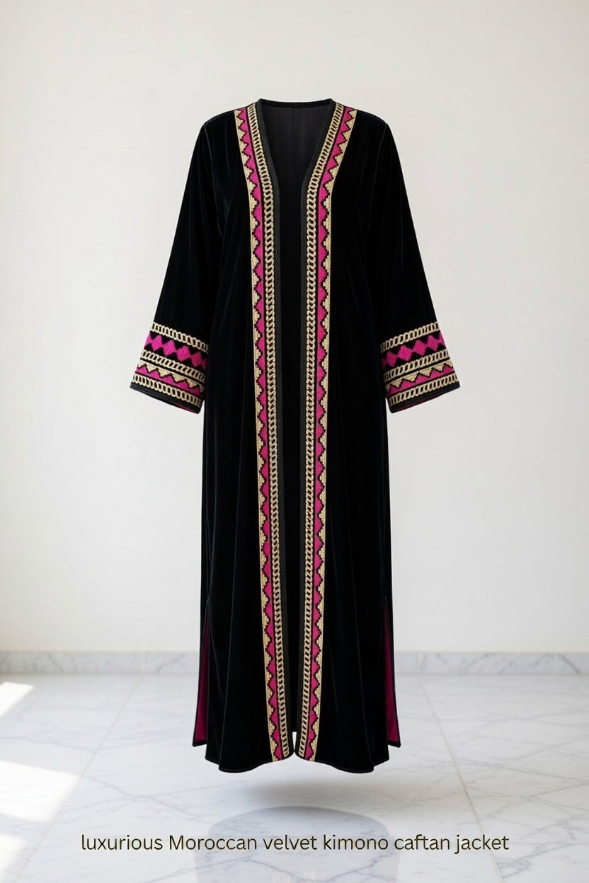 كيمونو مخمل أسود فاخر مع تطريز زنجي وردي ذهبي أنيق