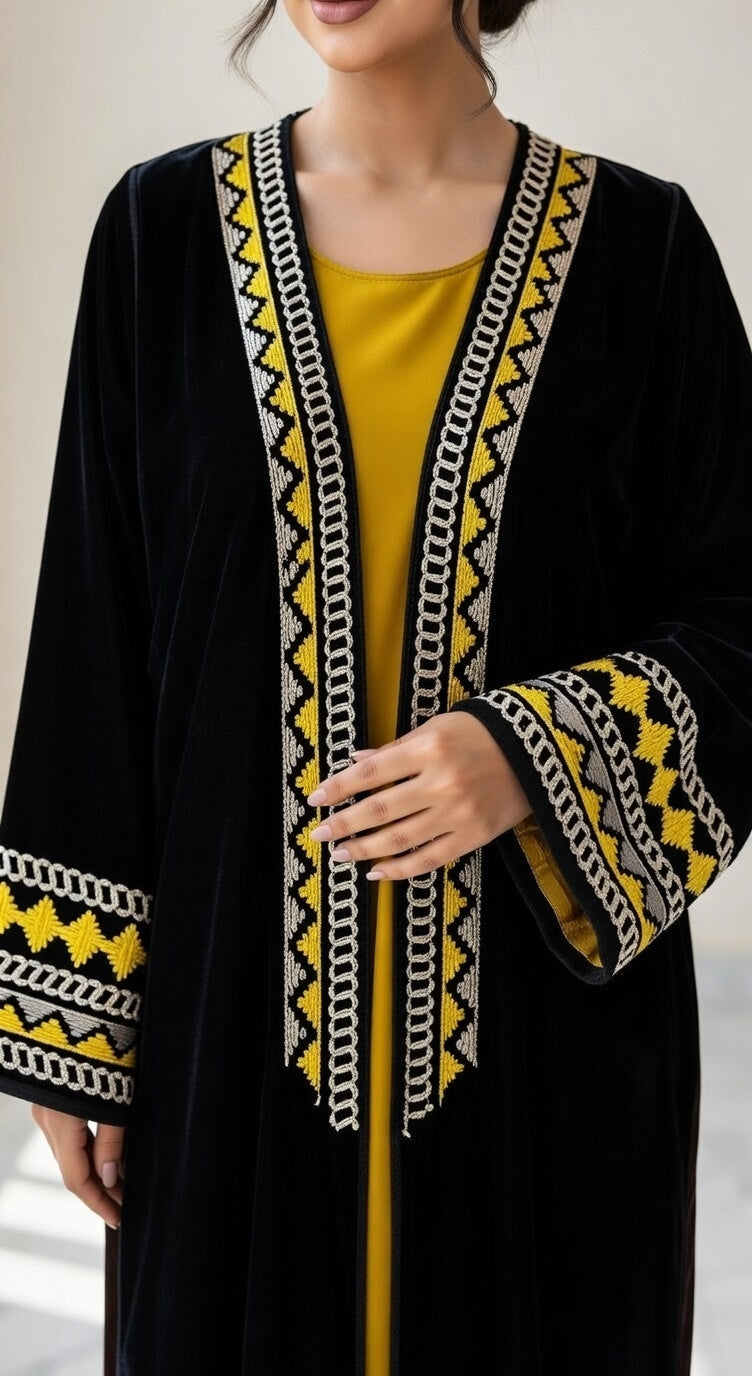كيمونو مخمل أسود فاخر مع تطريز أصفر وذهبي زنجي أنيق