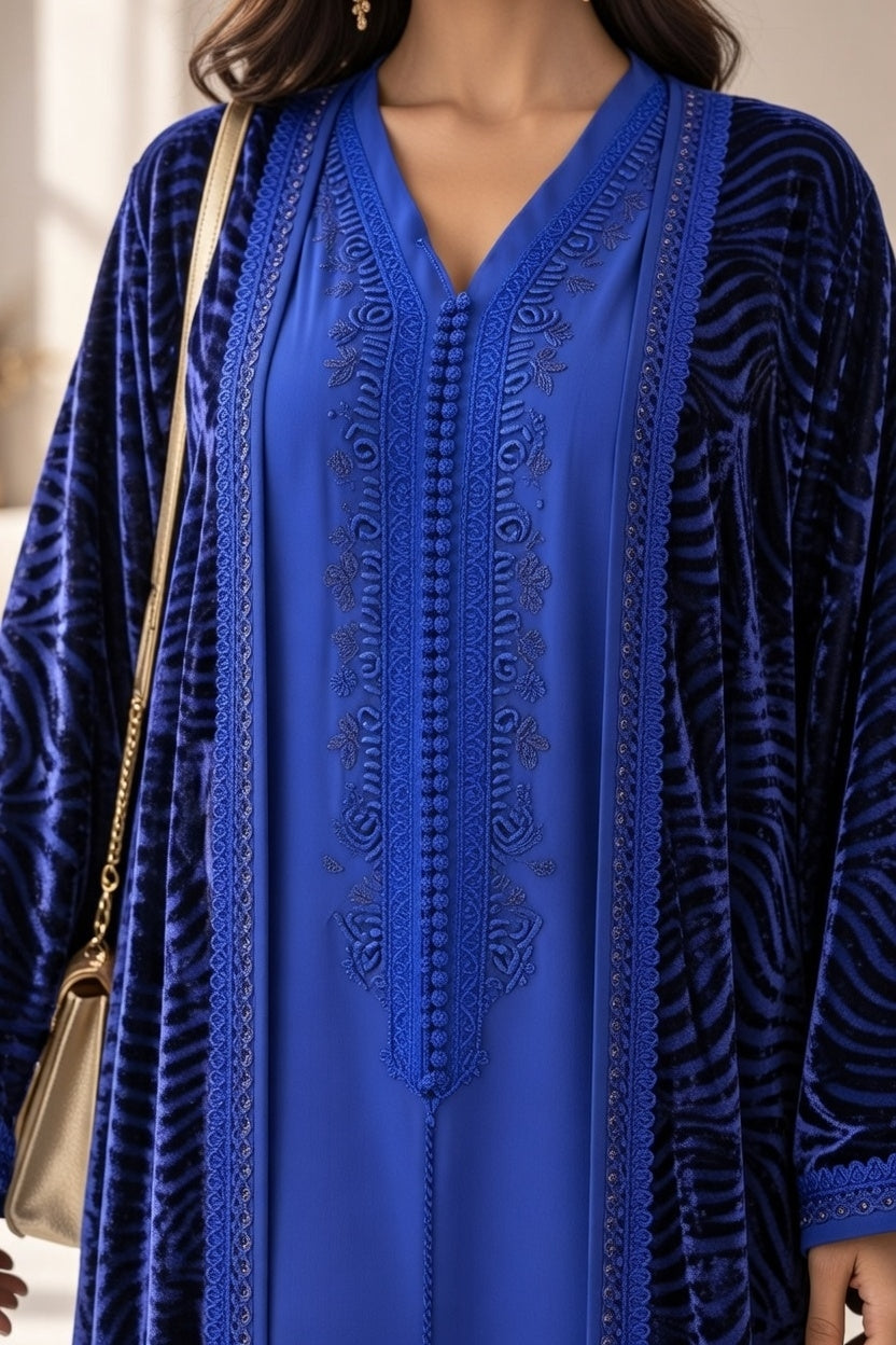 كيمونو مع قفطان باللون الأزرق الملكي – فخامة وأناقة راقية