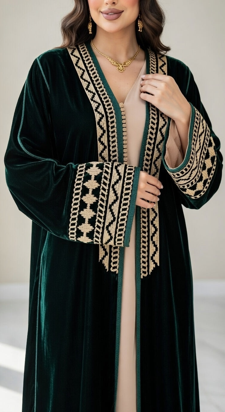 كيمونو مخمل أخضر غامق فاخر مع تطريز ذهبي وبيج زنجي أنيق