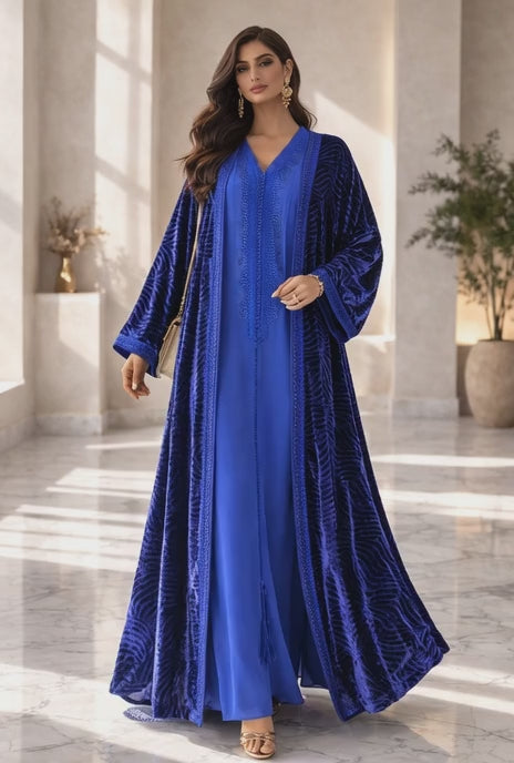 كيمونو مع قفطان باللون الأزرق الملكي – فخامة وأناقة راقية