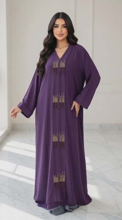 عباية أرجواني غامق فاخرة مع تطريز كريستال ذهبي راقي