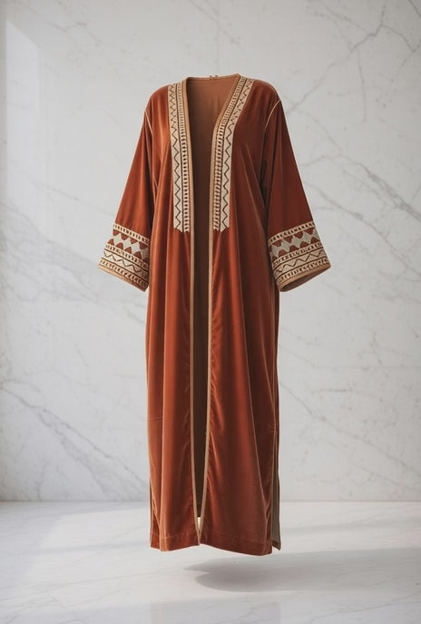 كيمونو مخمل بني فاخر مع تطريز بيج وذهبي زنجي راقي
