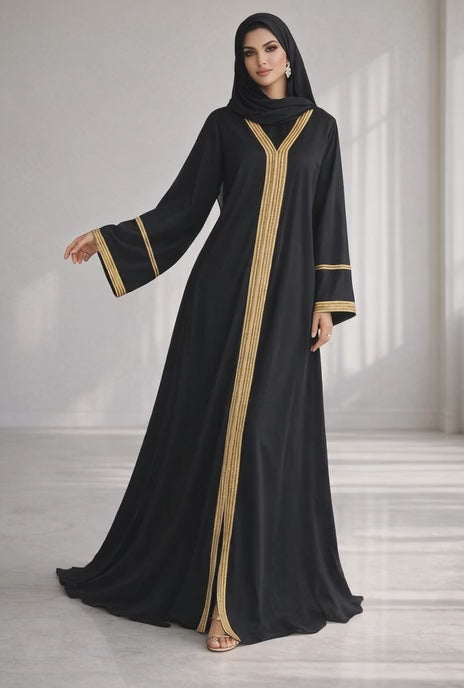 عباية أسود فاخرة مع تطريز ذهبي كلاسيكي راقي