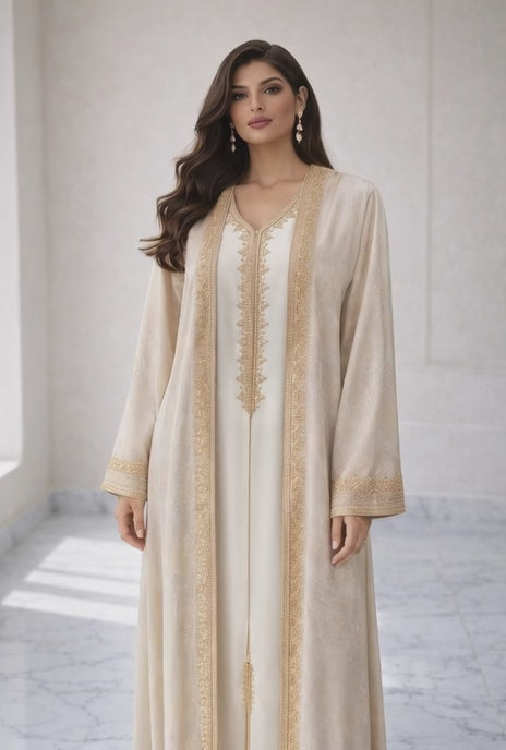 كيمونو بلكفتان ديالو - بيج ذهبي مخملي فاخر مع تطريز ذهبي راقي