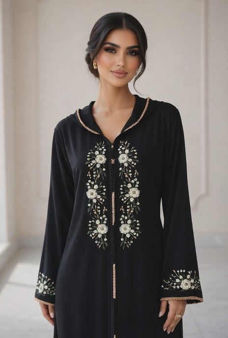 جلابة "نسمة" السوداء بالزهور - شياكة يومية بلمسة فنية