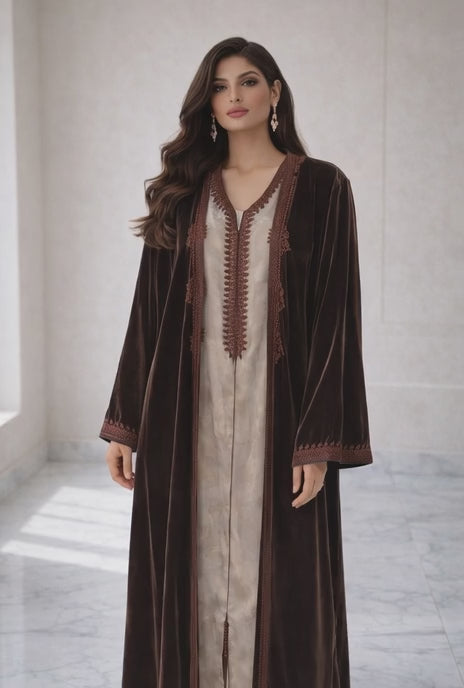 كيمونو بلكفتان ديالو - بني غامق مخمل فاخر مع تطريز بني راقي