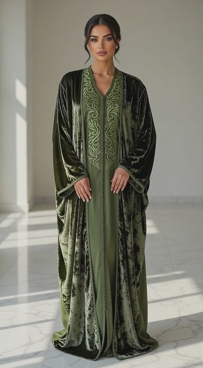 كيمونو بلكفتان ديالو - أخضر مخمل فخم مع تطريز مغربي أنيق