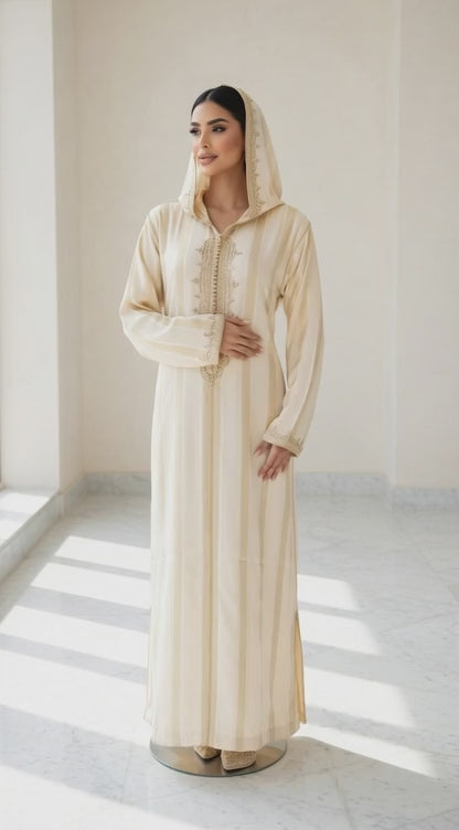 جلابة "نسمة" المخططة باللون البيج - أناقة هادئة وشياكة يومية