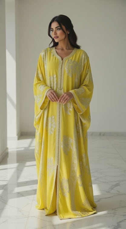 فراشة كفتان مخملي أصفر ذهبي فاخر مع تطريز فضي وذهبي راقي